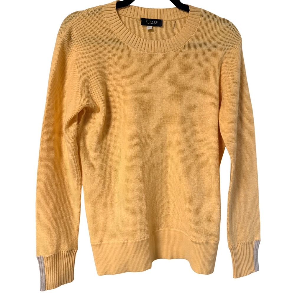 Forte Cashmere Womens Yellow Waffle Knit‎ Cotton Blend Sweater S